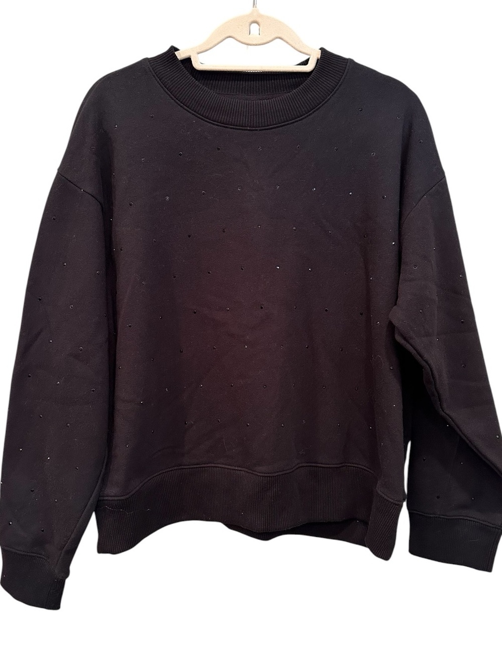 Black Women's Crewneck Sweater with Subtle Stud Detail Cozy Shimmer Lg